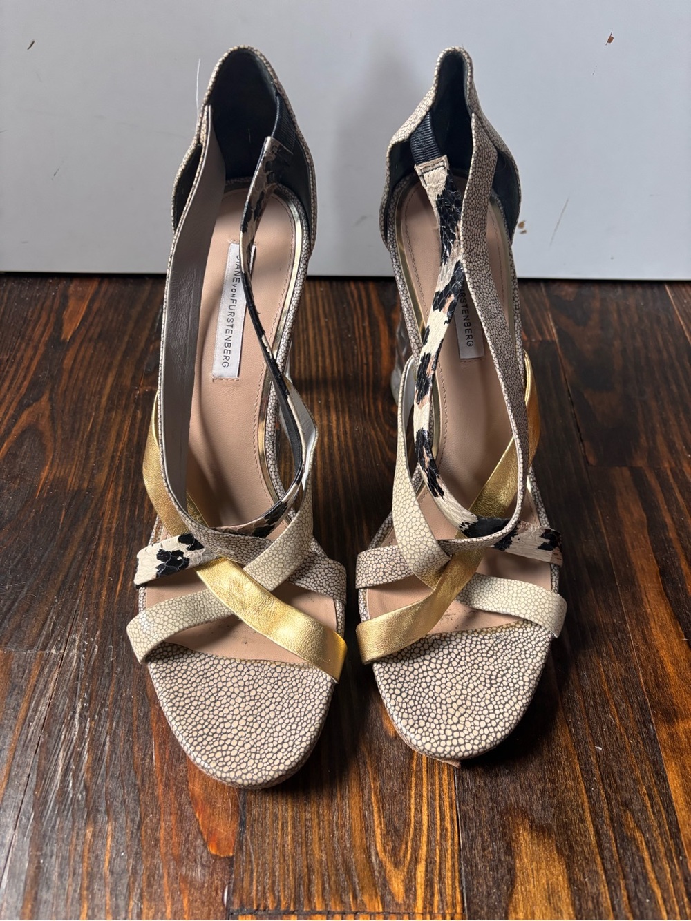 Diane Von Furstenberg Metallic Gold and Neutral Strappy Heels